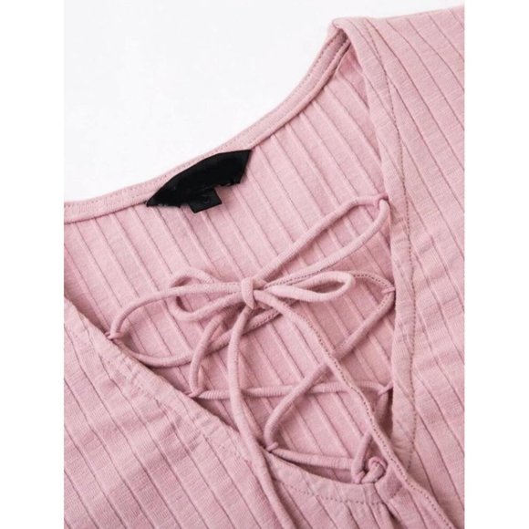 ✨H&M DUSTY PINK LACE UP V NECK RIBBED BODYSUIT - SIZE: US S - Picture 6 of 8